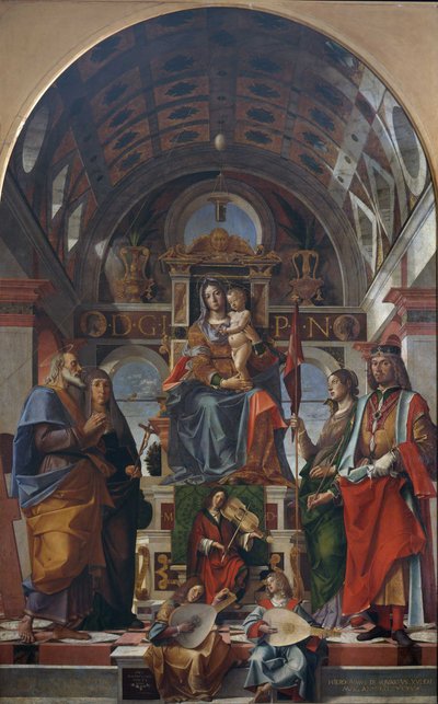 De Maagd en het Kind op de troon met heiligen en engelen die muziek maken, 1499 door Bartolomeo Montagna