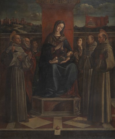 Maagd en Kind op de Troon met Zes Heiligen, c.1500 door Bartolomeo Montagna