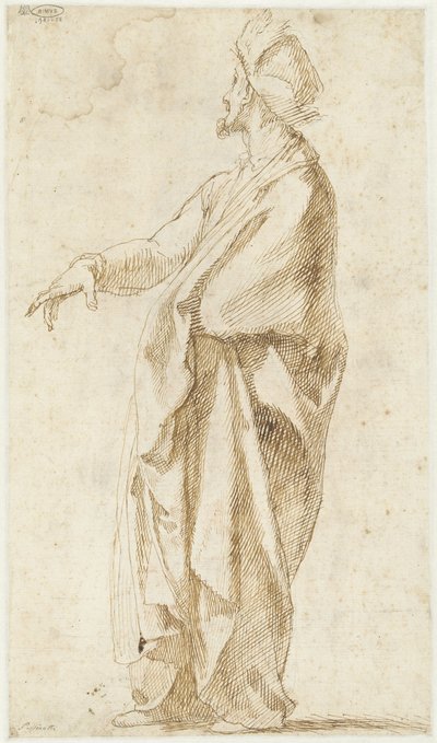 Gedrapeerd model, met een hand vooruitgestoken door Bartolomeo Passarotti