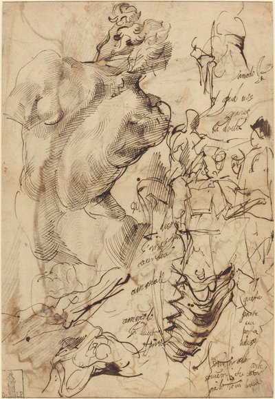 Studies van een beeldhouwwerk van een mannelijk naakt, wervels en gebarende figuren door Bartolomeo Passarotti