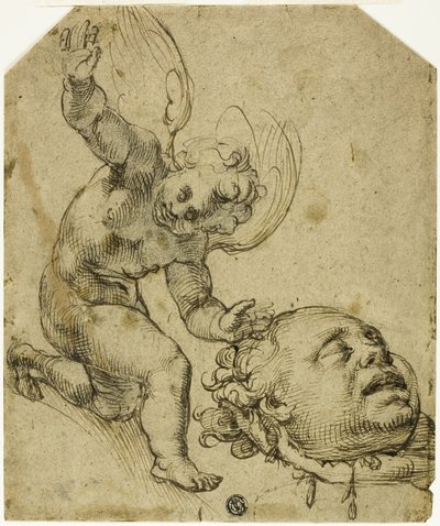 Twee schetsen: Knielende putto die een hoofd vasthoudt (recto) Details van een naakt mannelijk kind (verso) door Bartolomeo Passarotti