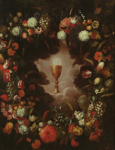 Kelk omringd door bloemen en vruchten door Bartolomeo Perez