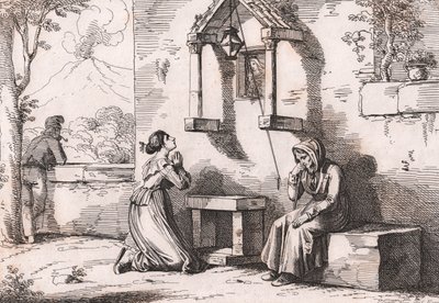Een dochter die bidt tot de Madonna voor haar zieke moeder, ets door Bartolomeo Pinelli
