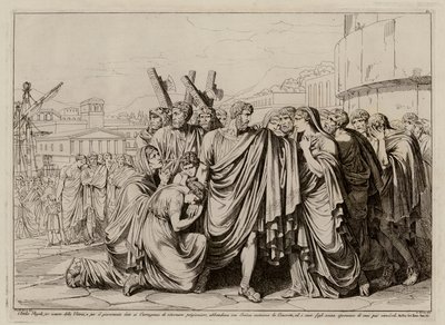 Atilius Regulus maakt zich klaar om Rome te verlaten en terug te keren naar gevangenschap in Carthago (ets) door Bartolomeo Pinelli