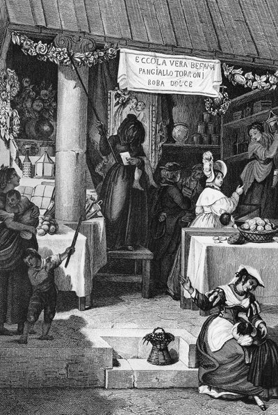 Befana (Italiaanse kerstheks), kraam met snoep en nougat op Piazza Navona tijdens Driekoningen, Rome, gravure door Bartolomeo Pinelli door Bartolomeo Pinelli