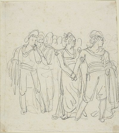 Brigand Chief Tegengehouden door een vrouw (recto); Schets van twee figuren in een landschap (verso) door Bartolomeo Pinelli