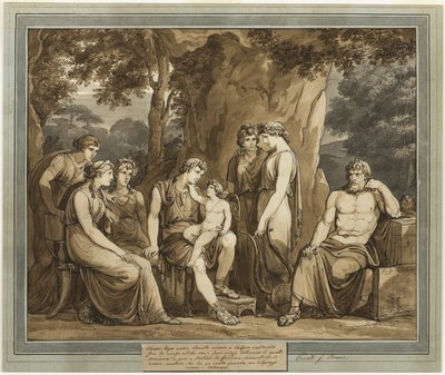 Calypso kijkt naar Telemachus met Cupido op zijn knie, terwijl Mentor boos toekijkt, uit De Avonturen van Telemachus, Boek 7 door Bartolomeo Pinelli