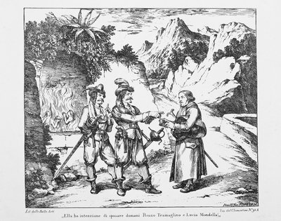 Don Abbondio ontmoet twee Bravi, lithografie door Bartolomeo Pinelli voor De Verloofden door Alessandro Manzoni door Bartolomeo Pinelli