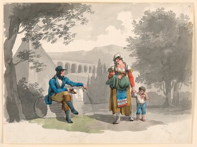 Tekening, Een vrouw die een jongen met haar hand vasthoudt en een heer passeert die tussen ruïnes in de Campagna zit, 1807 door Bartolomeo Pinelli