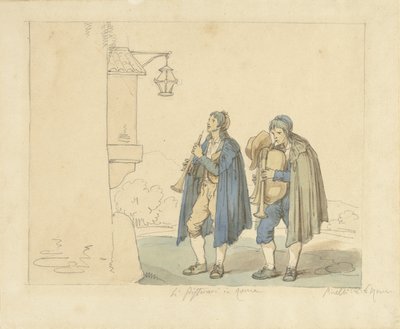 Fluitspeler en doedelzakspeler voor een huis door Bartolomeo Pinelli