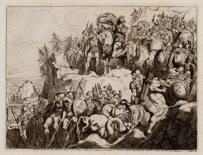 Hannibal steekt de Alpen over naar Italië, 218 voor Christus (ets) door Bartolomeo Pinelli