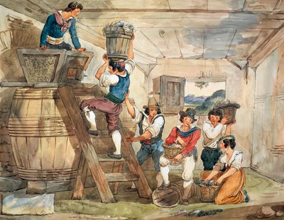 Oogsters brengen druiven naar de pers door Bartolomeo Pinelli