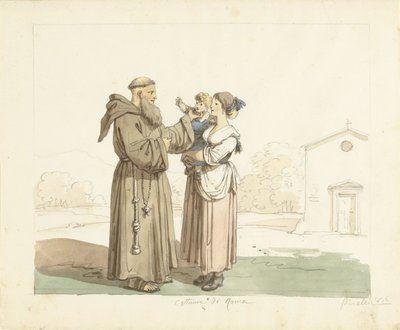 Jonge vrouw met kind staande voor een monnik door Bartolomeo Pinelli
