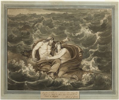 Mentor en Telemachus, na de storm, worden naar het eiland Calypso gebracht op een mast, uit De Avonturen van Telemachus, Boek 6 door Bartolomeo Pinelli