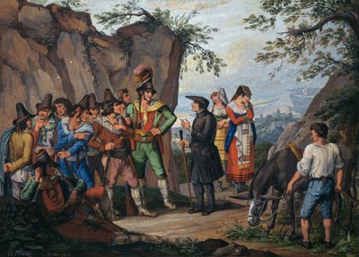 Onderhandelingen voor overgave tussen bandiet Gasparone en aartspriester Pellegrini door Bartolomeo Pinelli
