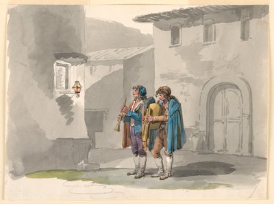 "Pifferari," Twee pijpers uit de Abruzzen in Rome door Bartolomeo Pinelli