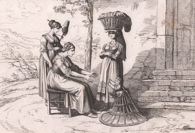Romeinse vrouwen in traditionele kostuums, ets door Bartolomeo Pinelli