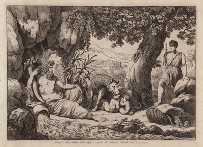 Romulus en Remus gezoogd door de wolvin en ontdekt door de herder Faustulus (ets) door Bartolomeo Pinelli