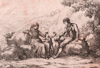Twee burgers met een baby, Schiavi, Abruzzo, ets door Bartolomeo Pinelli (Rome) door Bartolomeo Pinelli