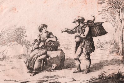 Vrouw uit Pietra Terrazzana in traditionele kostuums, Abruzzo, en gioncataro (verkoper van caciotte kaas), ets door Bartolomeo Pinelli door Bartolomeo Pinelli