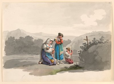 Vrouw met een Baby Bidt voor het Kruis dat de Plaats Markeert Waar Haar Man werd Gedood door Bartolomeo Pinelli