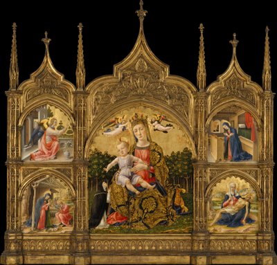 De Madonna van Nederigheid, de Annunciatie, de Geboorte en de Pietà door Bartolomeo Vivarini