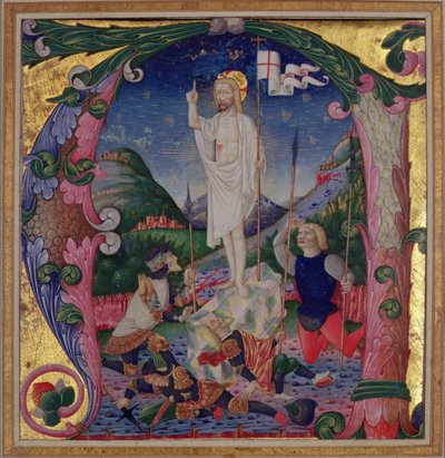 Versierde initiaal A die de opstanding van Christus afbeeldt, Lombardische School door Bartolomeo de Rigossi da Gallarate attr. to Bartolomeo de Rigossi da Gallarate attr. to