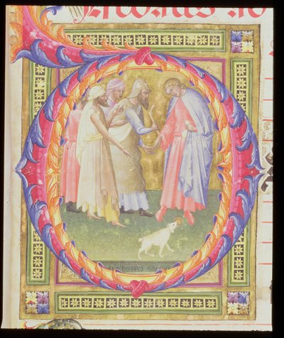 Ms 518 f.1r Geïllustreerde initiaal O met Tobias en de Engel door Bartolomeo di Frusino