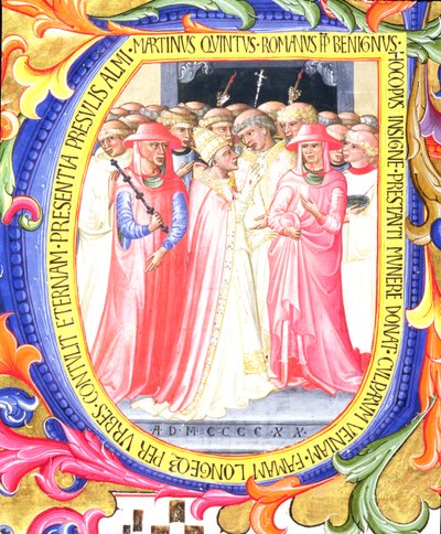 Ms 557 f.61v Geïllustreerde initiaal U die paus Martinus V (1368-1431) toont die de kerk van Sant. Egidio wijdt, uit een antifonarium van San Marco e Cenacoli (detail) door Bartolomeo di Frusino