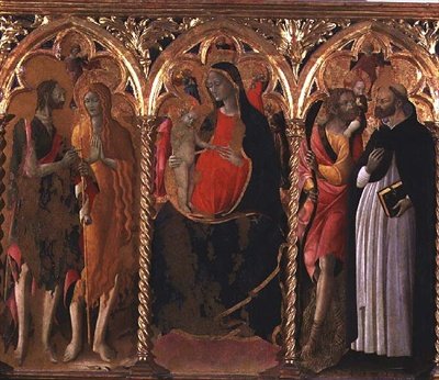 Drieluik: Madonna en Kind (middenpaneel) met Sint Johannes de Doper, Sint Maria Magdalena, Sint Christoffel en Sint Dominicus door Bartolomeo di Tommaso da Foligno