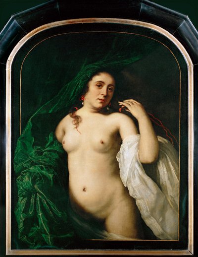 Naakte vrouw die een gordijn optilt (schilderij op doek) door Bartolomeus van der Helst