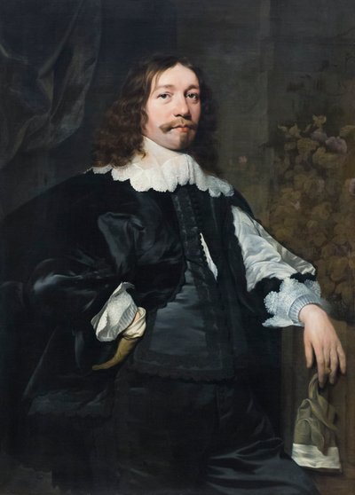Portret van een man in het zwart met een handschoen door Bartolomeus van der Helst