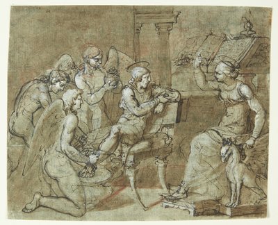 Een mannelijke heilige wordt gewassen en verzorgd door engelen, terwijl hij luistert naar een vrouwelijke heilige die voor een lessenaar zit en naar boven wijst. De Heilige Sebastian bij de Heilige Irene? door Bartolommeo Letterini