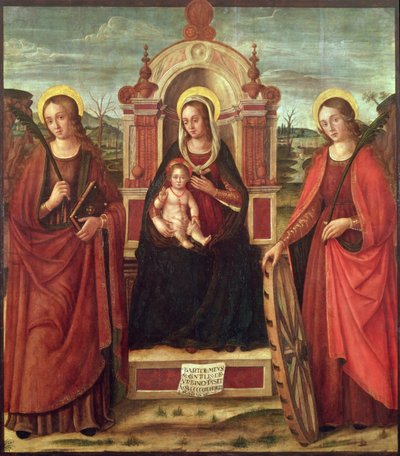 Madonna en Kind op de Troon met St. Catharina van Alexandrië en een Heilige Vrouwelijke Martelaar door Bartolommeo de Gentile de Urbino