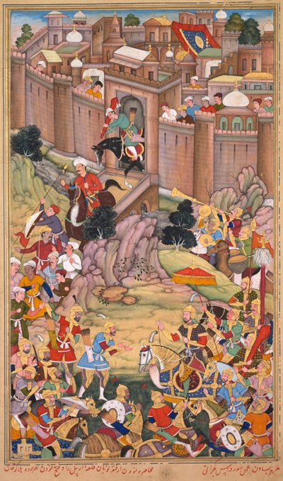 Het beleg van Arbela in het tijdperk van Hulagu Khan, pagina uit een Chingiz-nama (Boek van Chingiz Khan) van de Jami al-tavarikh (Compendium van Kronieken) van Rashid al-Din (Perzisch, 1247–1318) door Basavana