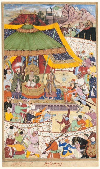 De jonge keizer Akbar arresteert de onbeschaamde Shah Abu’l-Maali, pagina uit een manuscript van de Akbarnama door Basawan