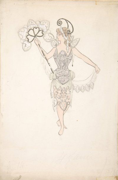 Kostuumontwerp voor Dame met een waaier, 1890-99 door Basil Crage