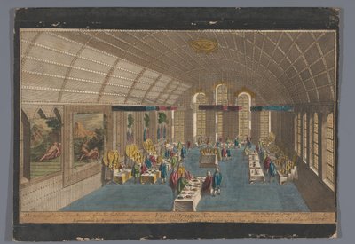 Gezicht op de Römer Zaal te Frankfurt am Main met een maaltijd voor de keizer en keurvorsten op 22 juni en 1 augustus 1758 door Basset