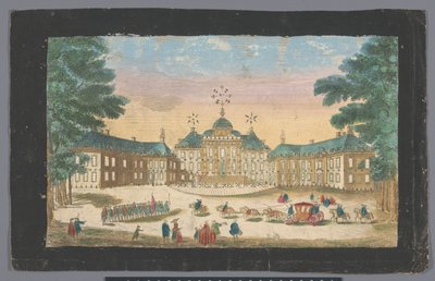 Gezicht op de voorzijde van het Paleis Huis ten Bosch te Den Haag door Basset
