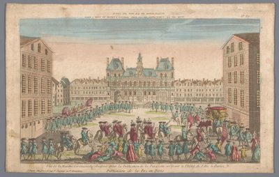 Gezicht op het Stadhuis te Parijs met een stoet ter afkondiging van de vrede door Basset