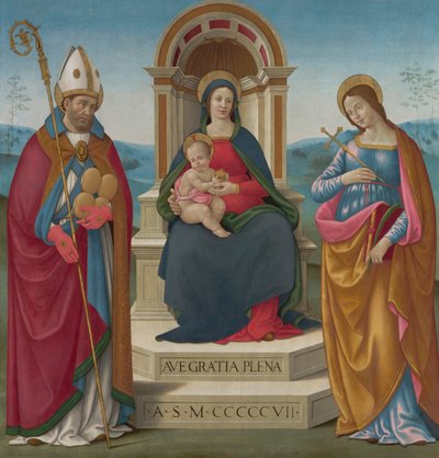 Madonna en Kind met St. Justus van Volterra en St. Margaret van Antiochië door Bastiano Mainardi