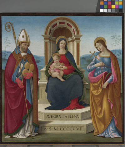 Madonna en Kind met St. Justus van Volterra en St. Margaretha van Antiochië door Bastiano Mainardi