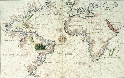 Een Dubbelbladige Kaart van de Atlantische Oceaan, met de Oostkust van Noord- en Zuid-Amerika, 1544 door Battista Agnese