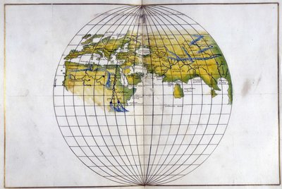 Hemisferische kaart van de oude wereld, van Europa en Afrika tot India; toont de indelingen van Ptolemaeus, c.1540 door Battista Agnese