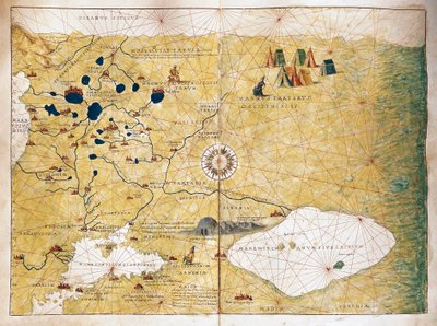 Moschoviae Tabula, kaart van Rusland en Europese steden langs de Wolga door Battista Agnese