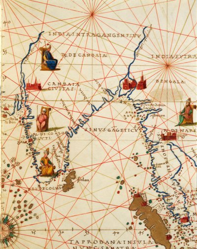 De Indische Oceaan en deel van Azië en Afrika: het Indiase Schiereiland, uit Atlas van de Wereld in drieëndertig Kaarten, door Battista Agnese door Battista Agnese