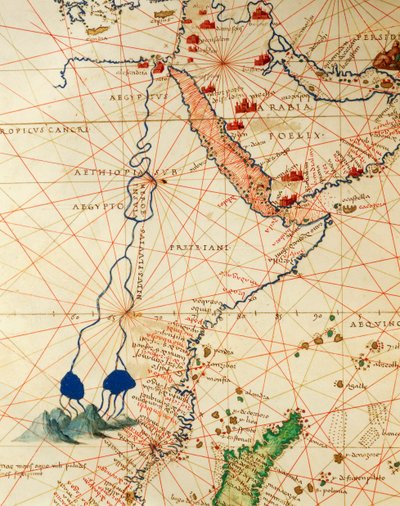 De Indische Oceaan en een deel van Azië en Afrika: de loop van de Nijl, uit Atlas van de Wereld in drieëndertig Kaarten, door Battista Agnese door Battista Agnese