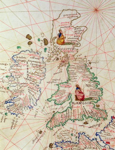 De koninkrijken van Engeland en Schotland, uit een atlas van de wereld in 33 kaarten, Venetië, 1 september 1553 (detail) door Battista Agnese