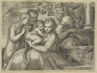Heilige Familie met heiligen door Battista Angolo del Moro (attributed to)