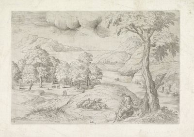 Panoramisch landschap met ruïnes, een stad en reizigers door Battista Angolo del Moro